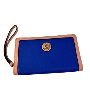 Anne Klein Zip Around Wristlet Wallet Royal Blue Dusty Pink Gold Interior